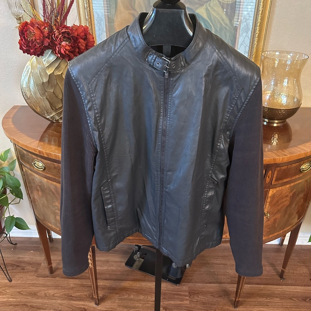 Kenneth Cole Reaction Black Waxed Cotton Full Zip Biker Jacket